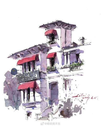 分享一组建筑的水彩风景画 