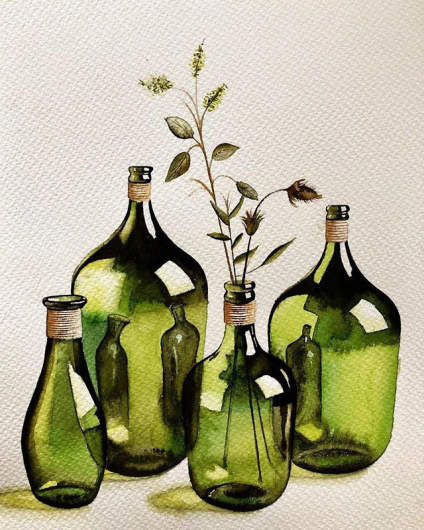 【‌22年助万名考生入名校——求索传奇画室】艺术家Serpil Ümit的水彩玻璃杯，不管是空杯还是装着液体的样子都 