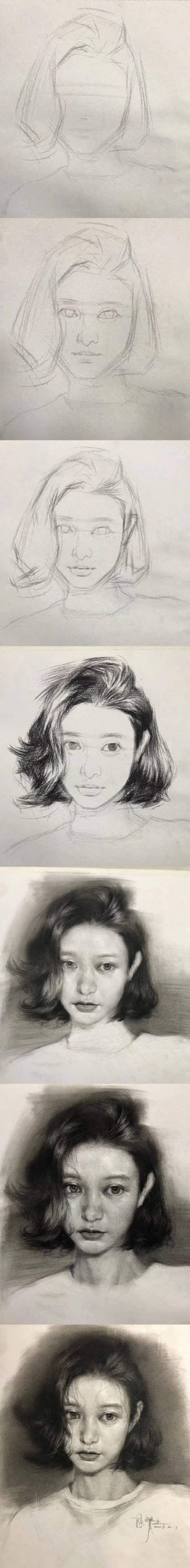 各角度女青年素描头像步骤解析 ​​​ 