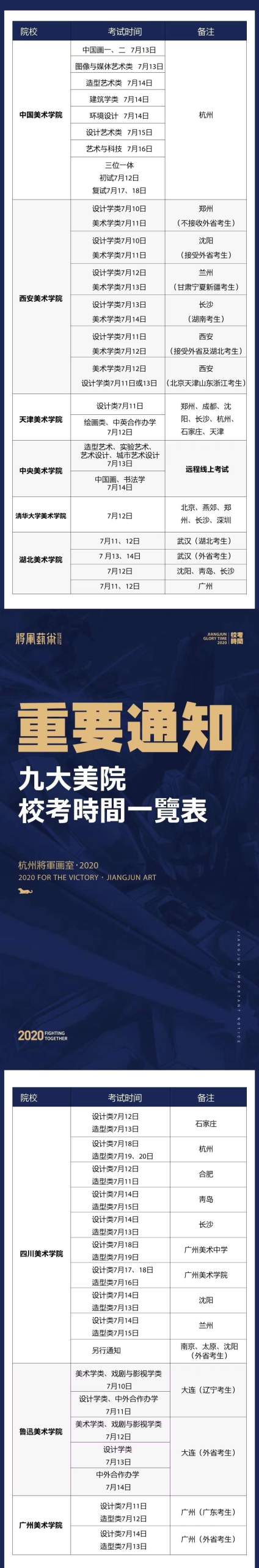 【大家集训都去哪儿？】【最新整理】——九大美院2020年校考时间（详细），附九大美院校考冲突表 